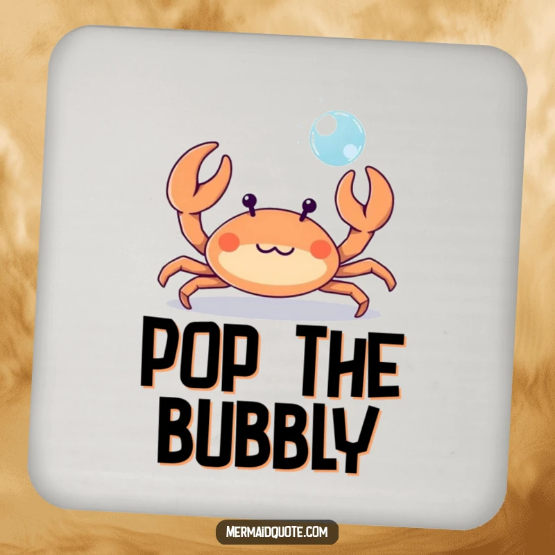 Funny tiny crab playfully waving its tiny claws at a bubble, a set of coasters bringing humorous beach charm and protection.