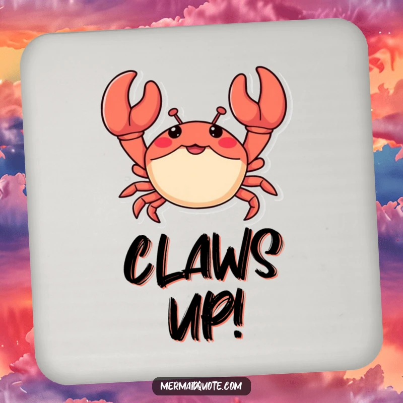 Funny drink coasters featuring a little crab waving enthusiastically with oversized claws, protecting tables with cheerful beach humor.