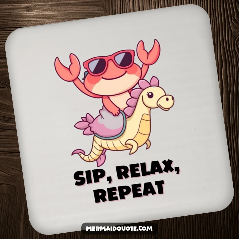 Funny Crab Sunglasses Coaster: A small coaster featuring a happy crab in sunglasses riding a seahorse, protecting surfaces humorously.
