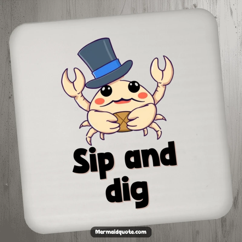 Funny crab in a top hat holding a tiny treasure, printed on protective coasters for drink surfaces.