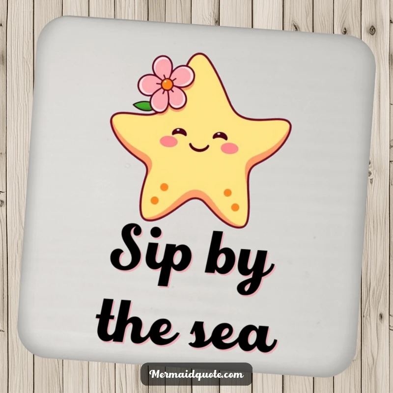 Funny drink coaster featuring a happy starfish with a flower, dancing gracefully, adding a touch of tropical fun.