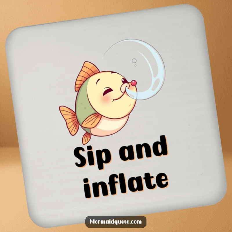 Funny fish drink coaster featuring a small, determined sea creature blowing a large, triumphant bubble, perfect for protecting furniture.
