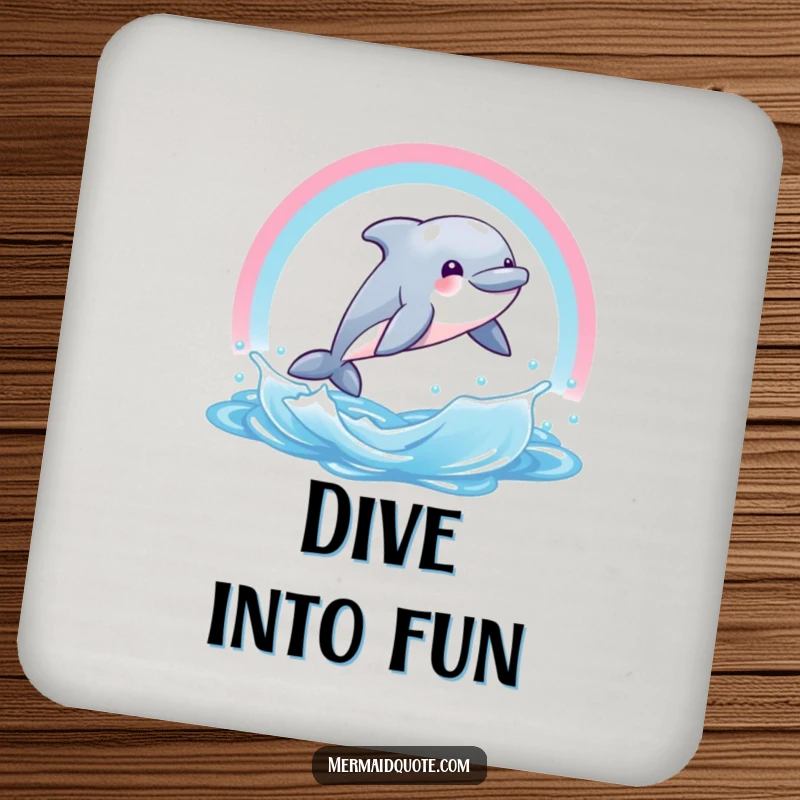 Funny drink coaster depicting a happy dolphin creature leaping through a colorful rainbow water arc. A joyful and protective accessory.