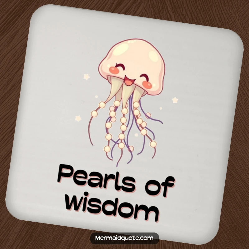 Funny drink coaster with a laughing jellyfish twirling glowing pearls, protecting surfaces with a touch of elegant humor, great for parties.