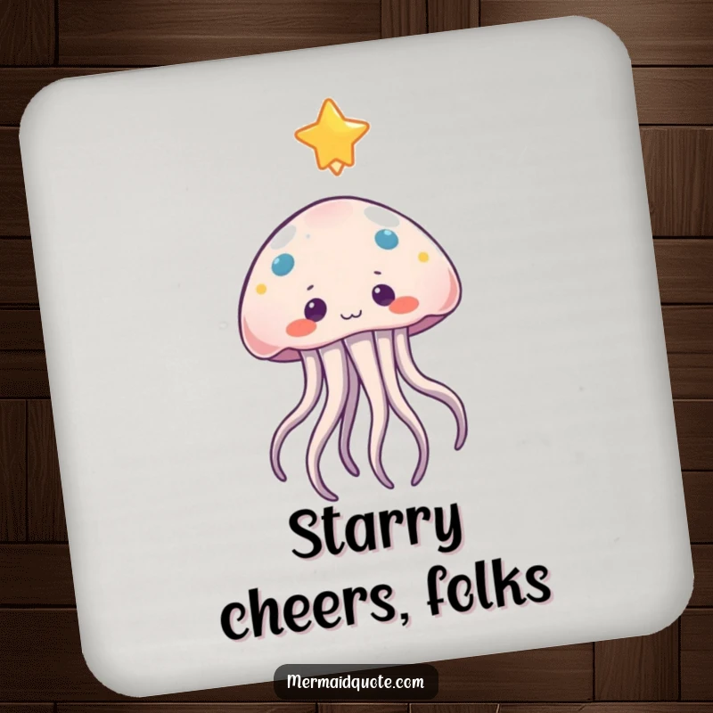 Funny jellyfish drink coasters featuring a curious character reaching for a floating star, protecting surfaces with whimsical humor.