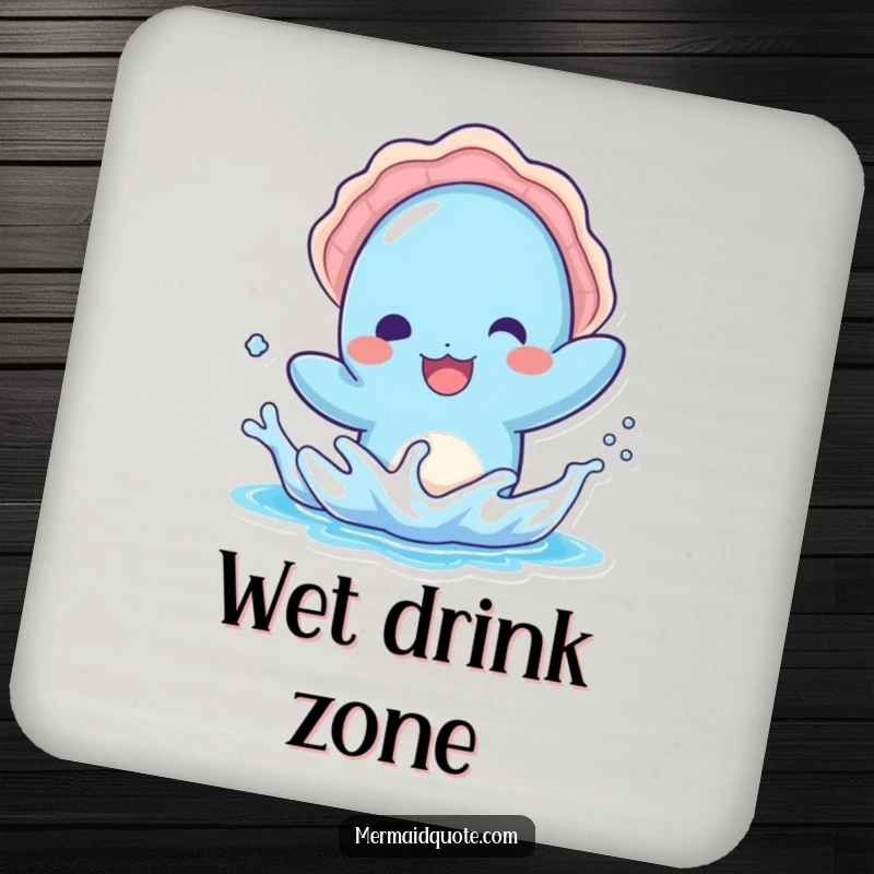 Funny drink coaster featuring a kawaii blue creature with a seashell hat, splashing water playfully, adding seaside charm.
