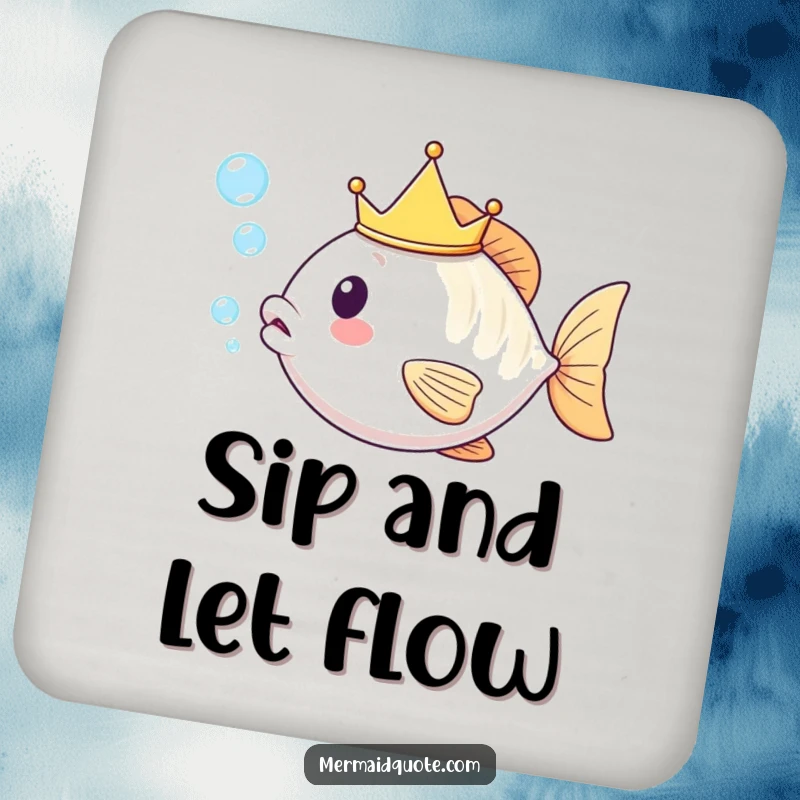Funny kawaii fish with a tiny crown blowing bubbles, protecting surfaces on a decorative drink coaster.