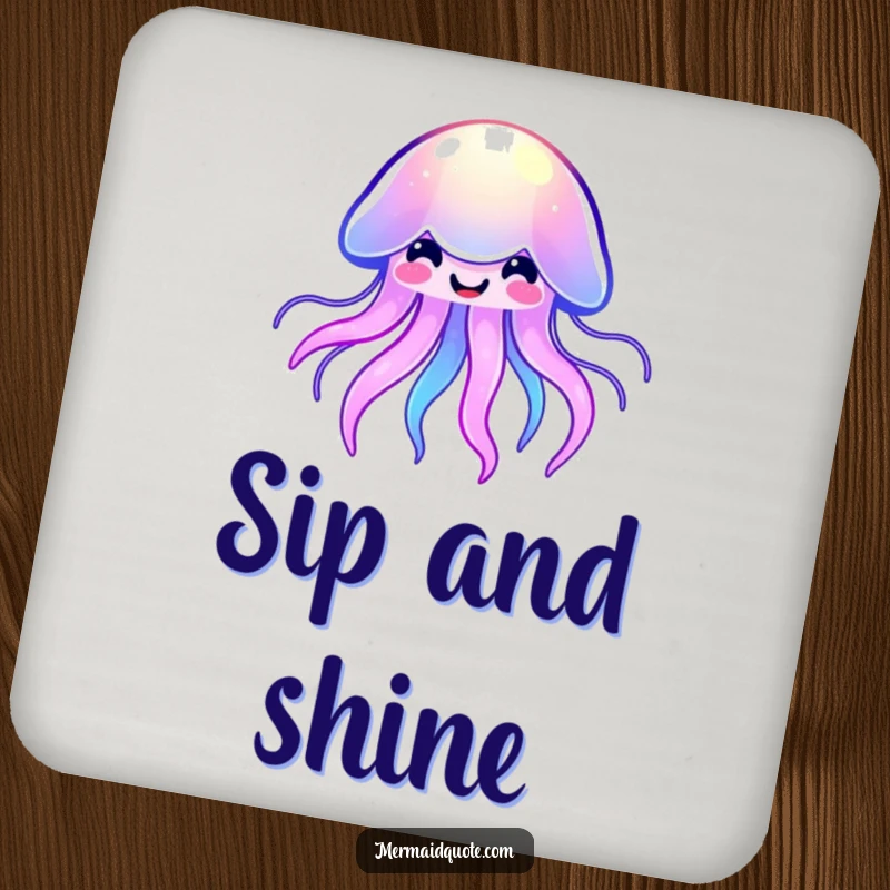 Funny kawaii jellyfish drink coaster featuring a smiling, softly glowing sea creature, perfect for protecting surfaces with a splash of color.