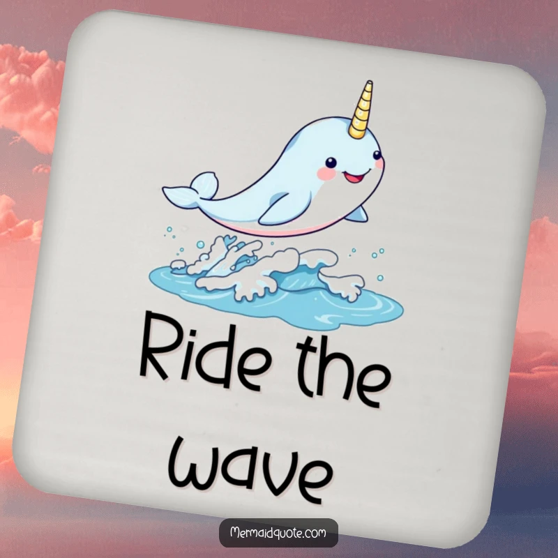 Funny kawaii narwhal leaping gleefully through a shimmering wave on drink coasters, adding enchanting flair.
