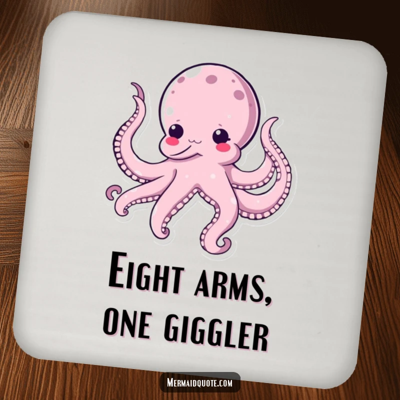 Funny kawaii octopus coasters, showing a comical octopus tickling itself with its tentacles, protecting surfaces with a dose of humor.