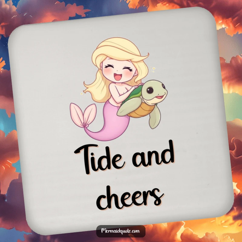 Funny drink coaster depicting a laughing mermaid playfully tickling a shy sea turtle, perfect for ocean-themed decor.