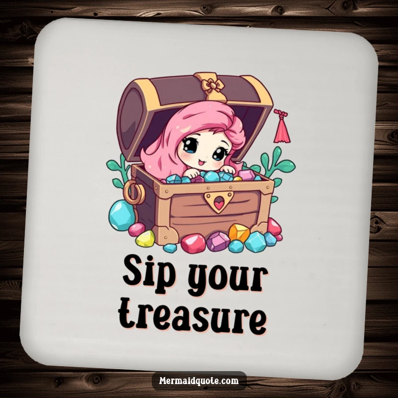 Funny drink coasters featuring a curious mermaid peeking from behind a treasure chest of gems, protecting surfaces with magic.
