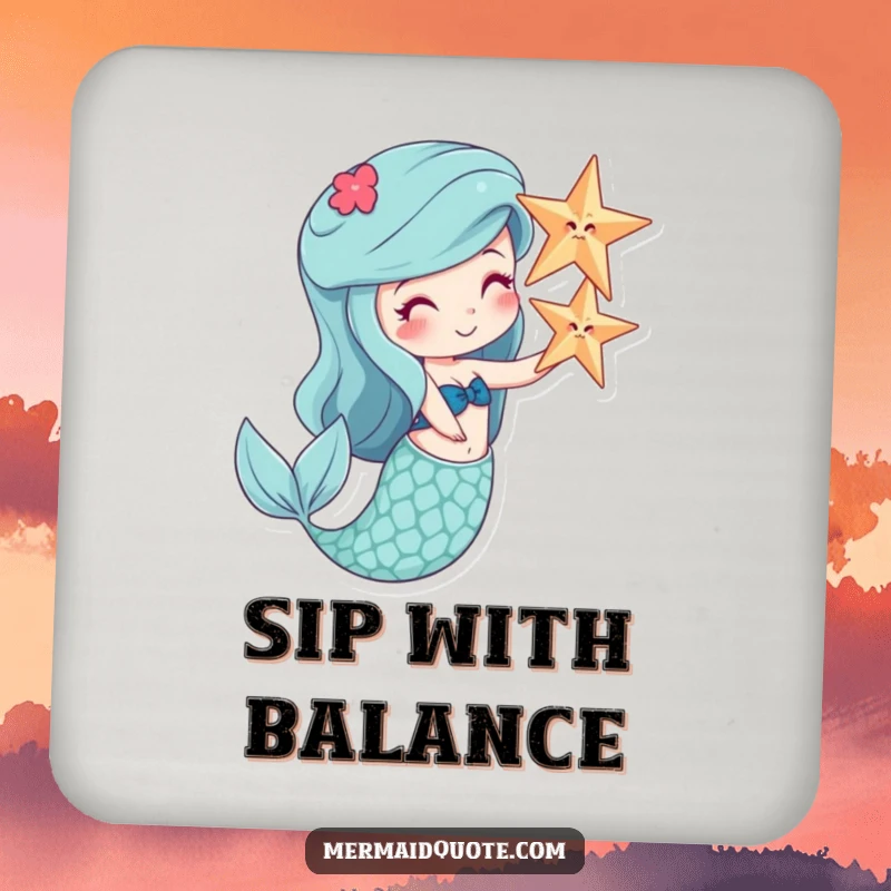 Funny drink coaster with a happy mermaid balancing a starfish on her nose, protecting surfaces humorously.