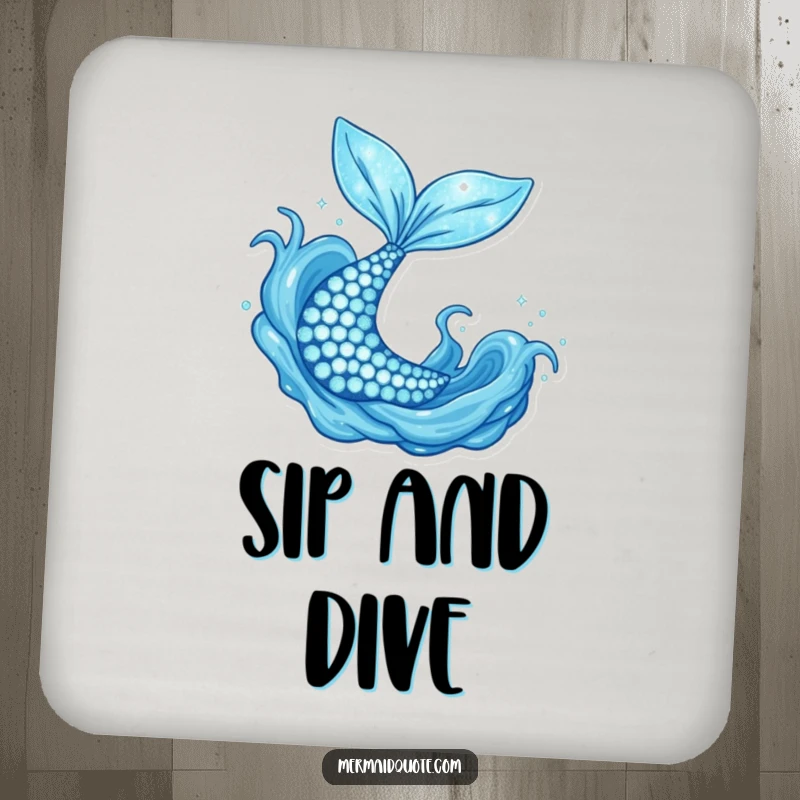 Funny sparkly mermaid tail flipping joyfully, a set of coasters bringing humorous magic and protection.