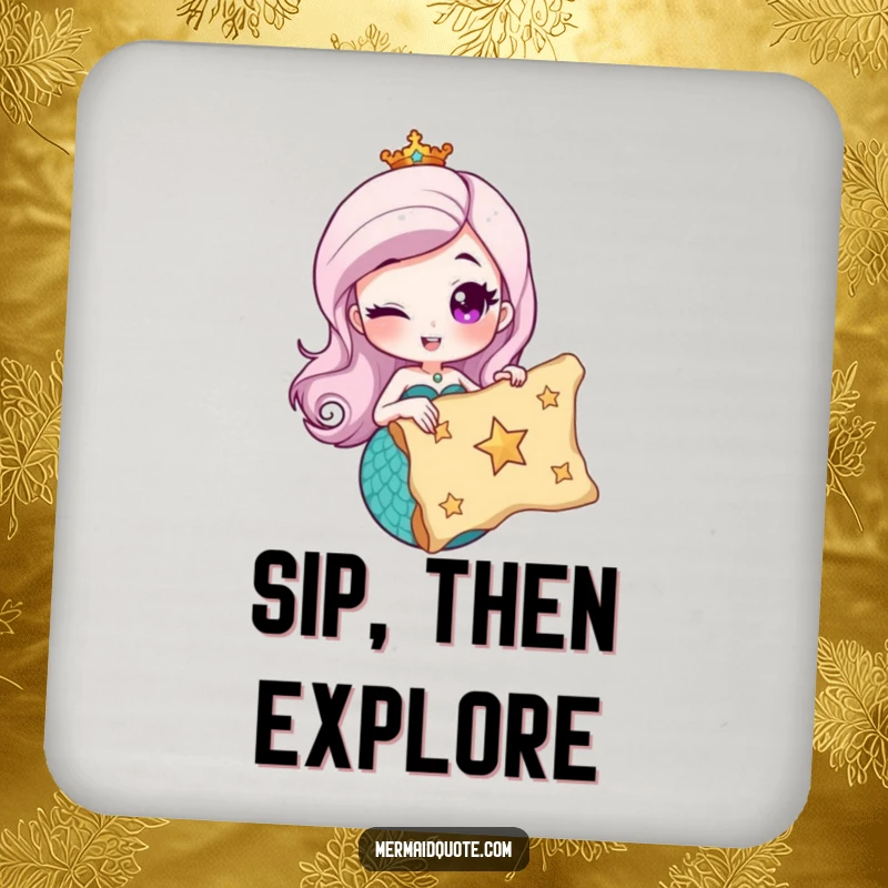 Funny drink coasters showcasing a winking mermaid holding a treasure map with a star, protecting surfaces with a humorous touch.