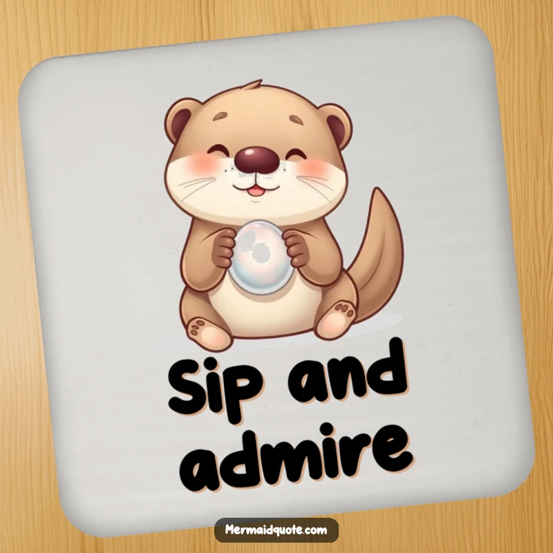 Funny drink coaster depicting a curious otter creature delighting in a shiny pearl. A whimsical and protective accessory.
