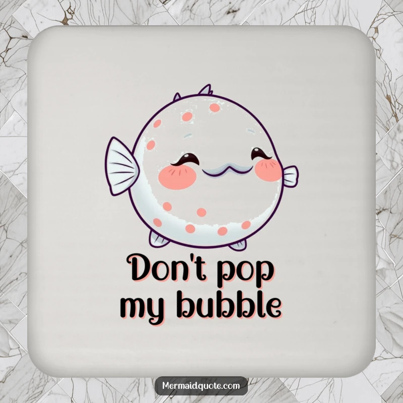 Funny Pufferfish Blushing Coaster: Small coaster featuring a shy pufferfish inflating slightly with a sparkling blush, protecting surfaces humorously.