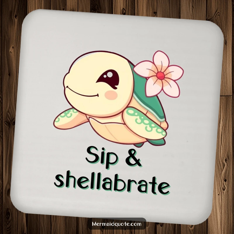 Funny sea turtle winking with a flower, swimming fast, as a decorative drink coaster.