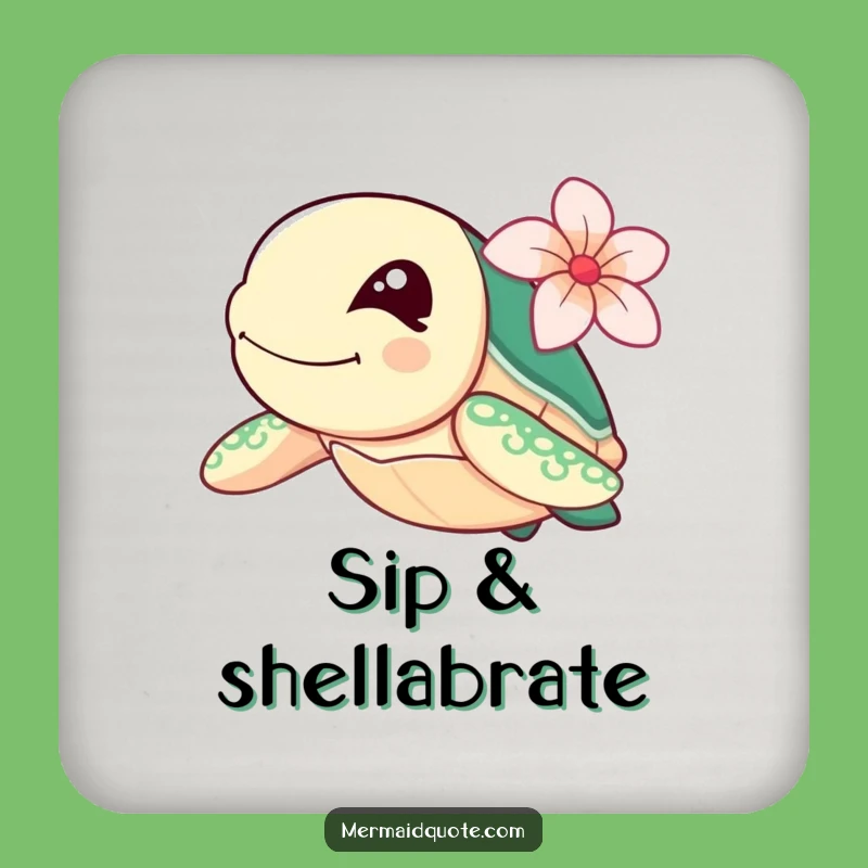 Funny Sea Turtle Drink Coaster: Winking Swimmer with Flower, Protects Surfaces
