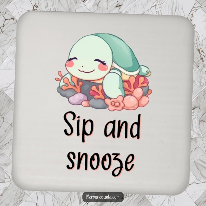Funny sleeping turtle drink coaster featuring a content sea creature with a peaceful smile, resting near coral, perfect for protecting surfaces.