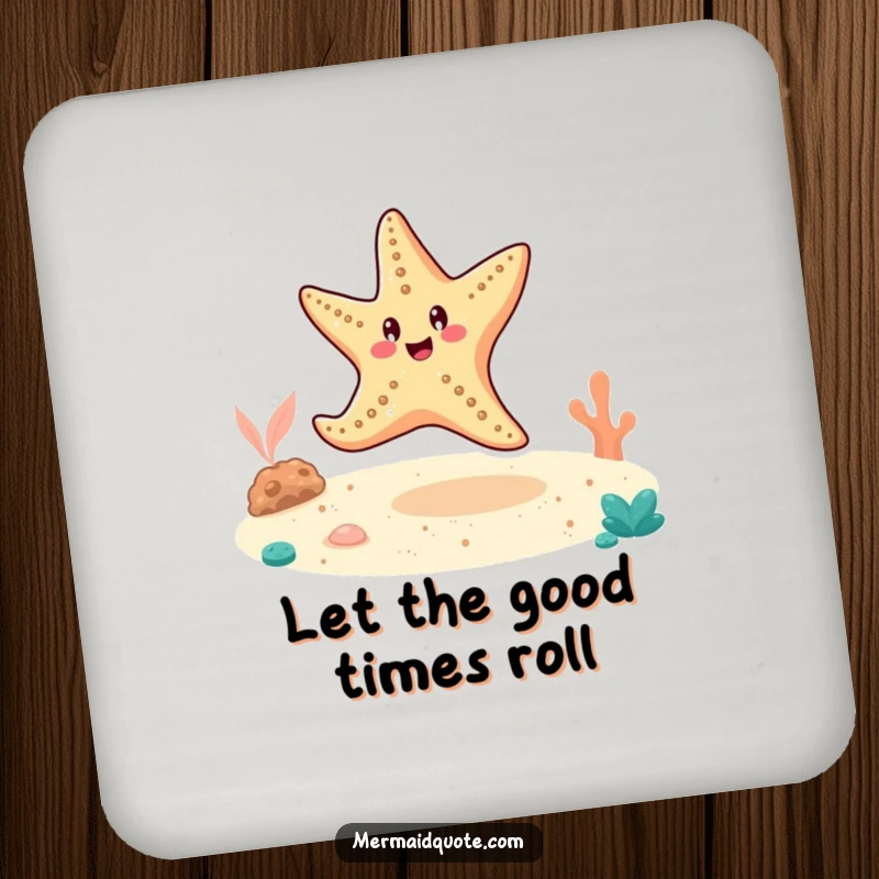 Funny cheerful starfish doing a cartwheel on the sandy ocean floor, as a decorative drink coaster.