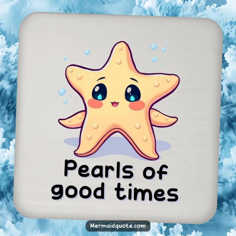 Funny starfish with sparkling eyes juggling tiny glowing sea pearls on drink coasters, adding magical flair.