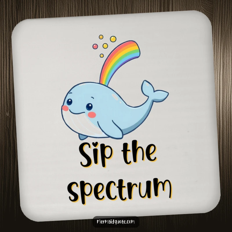Funny smiling whale spouting a rainbow, printed on protective coasters for drink surfaces.