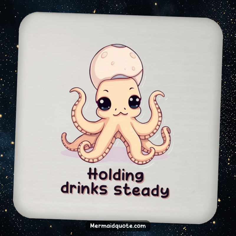 Funny octopus drink coaster featuring a comical sea animal balancing a petite tower of seashells, ideal for protecting furniture from condensation.