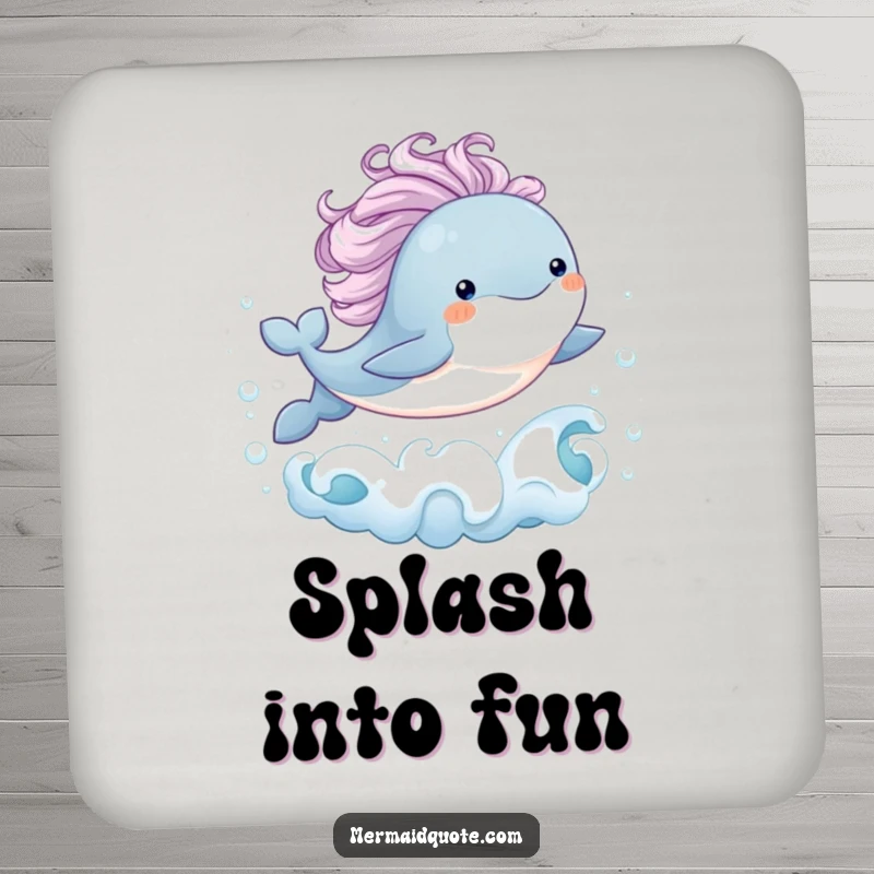 Funny drink coaster set featuring a baby whale with a flowing mane joyfully leaping from bubbly ocean waves, offering humorous and practical table protection.