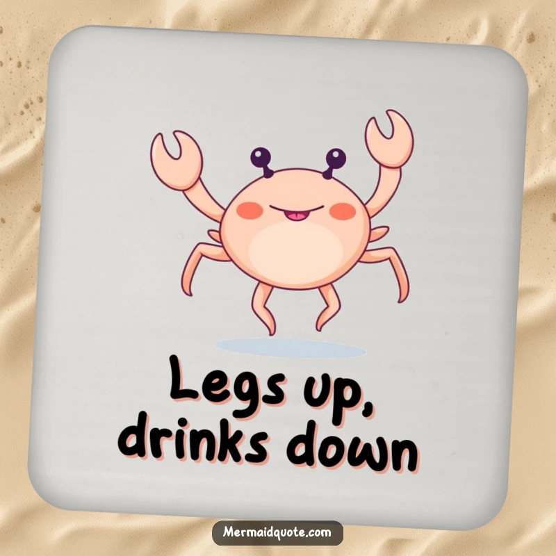 Funny little crab with extra legs doing a funny leg dance on drink coasters, adding quirky beach flair.