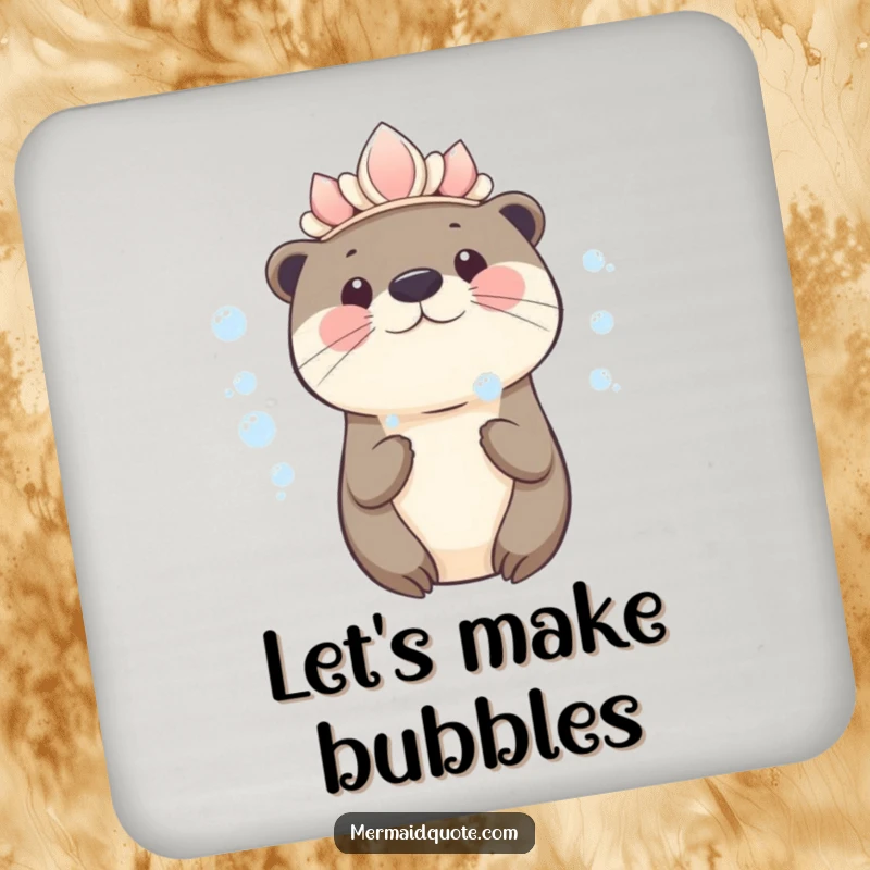 Funny kawaii otter wearing a seashell crown blowing bubbles on a set of drink coasters, adding cute charm.