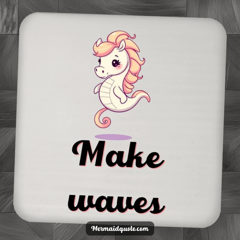 Funny seahorse with a swirling mane galloping, printed on protective coasters for drink surfaces.