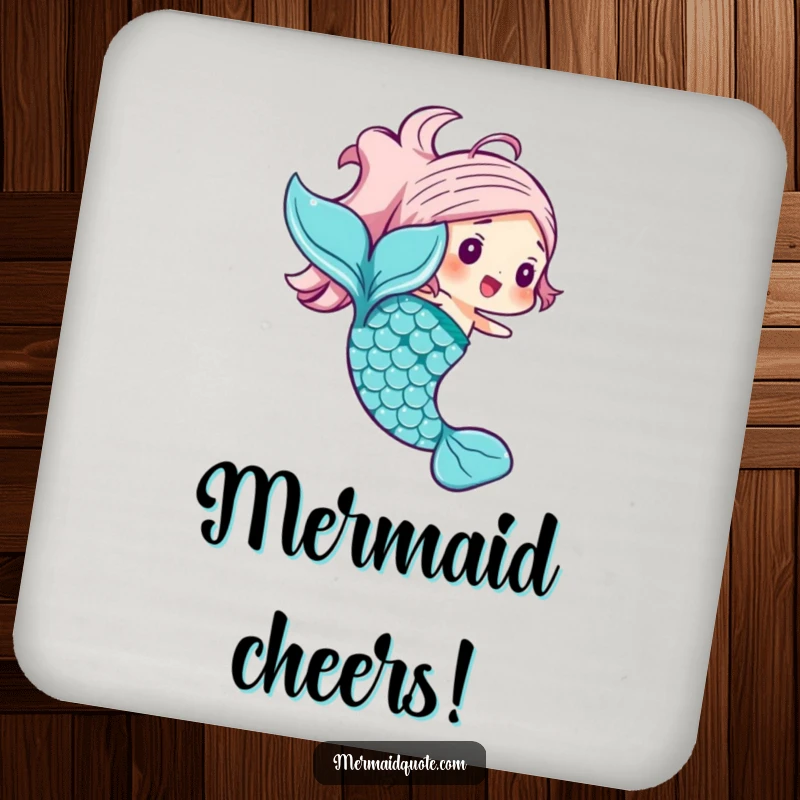 Funny mermaid tail drink coasters featuring a joyful character with shimmering scales in a swishing motion, adding magical humor.