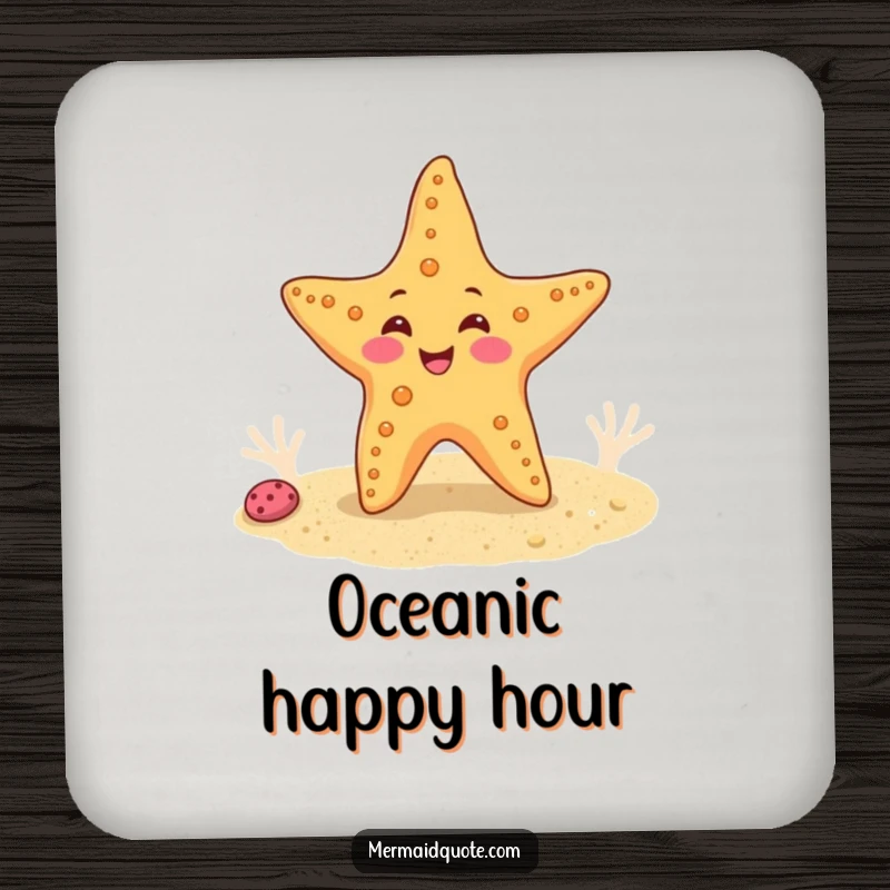 Funny drink coaster showing a happy starfish doing a wiggle dance on a sandy seabed, perfect for adding ocean charm.