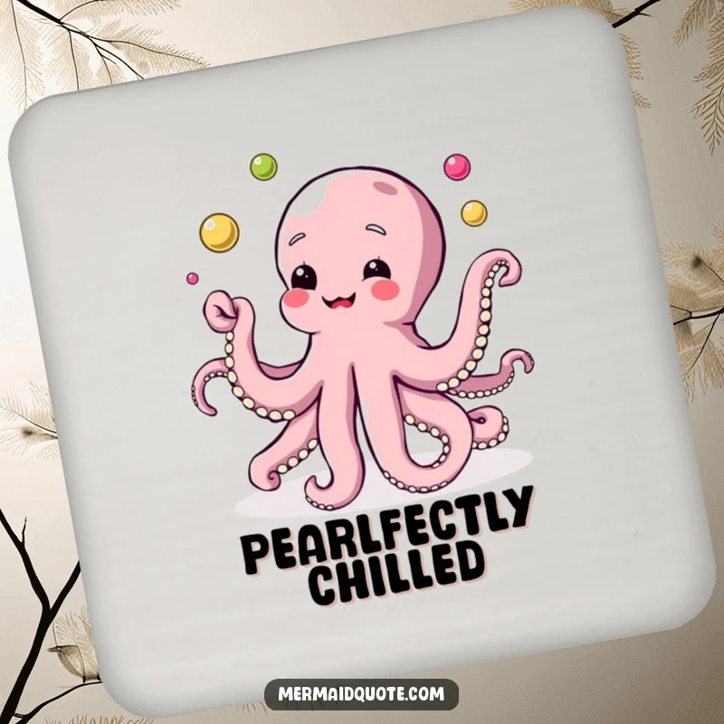 Funny drink coaster with a detailed illustration of an octopus skillfully juggling colorful pearls, adding a splash of amusement.