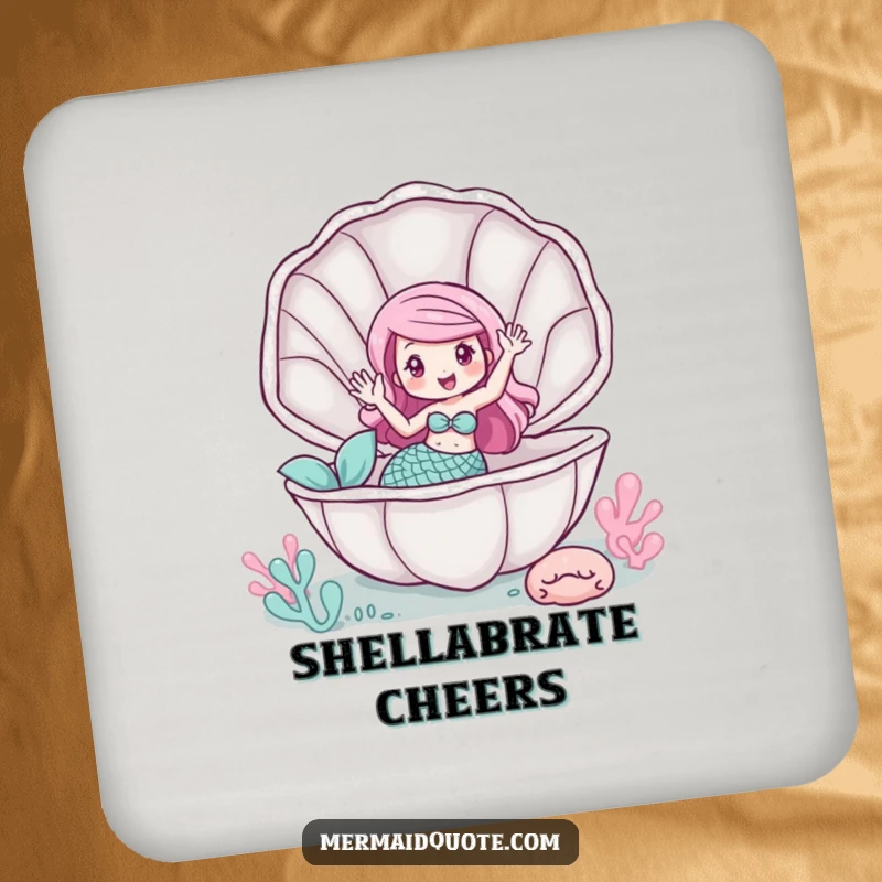 Funny drink coaster with a mermaid waving from inside a giant clam, for charming protection.