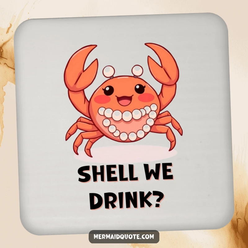 Funny crab creature waving its claws, adorned with pearls, designed as a functional and elegant drink coaster.