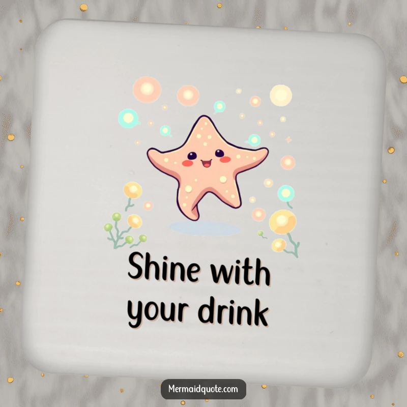 Funny drink coaster depicting a playful starfish creature dancing surrounded by luminous plankton. A magical and protective accessory.