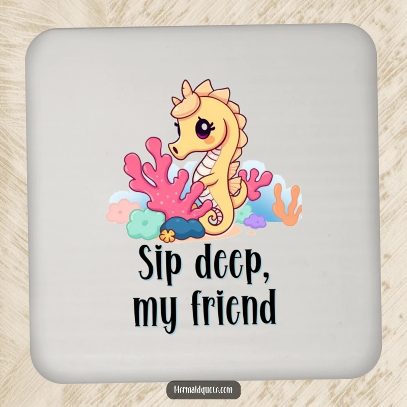 Funny seahorse drink coasters showing a curious seahorse peeking from coral, adding unique ocean humor to any tabletop.