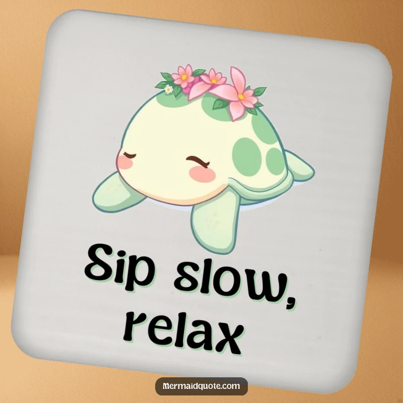 Funny drink coaster with a sleepy sea turtle wearing a flower crown, gently drifting, protecting surfaces with serene and humorous charm, perfect for parties.