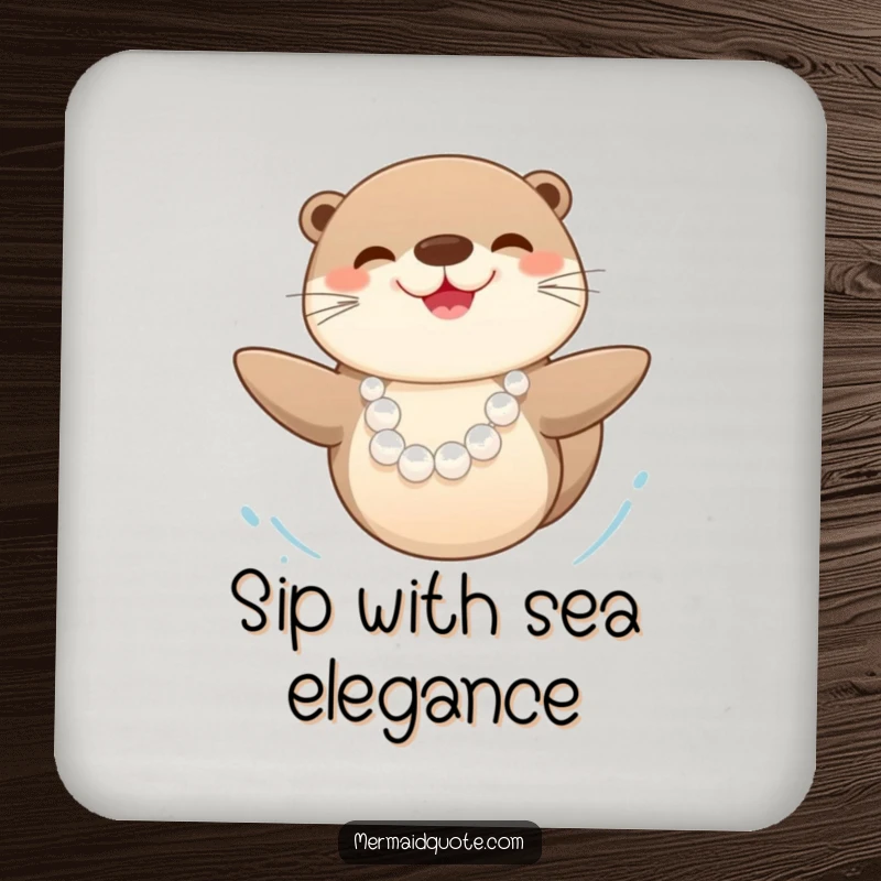 Funny happy sea otter wearing a pearl necklace, swimming joyfully, on a decorative drink coaster.