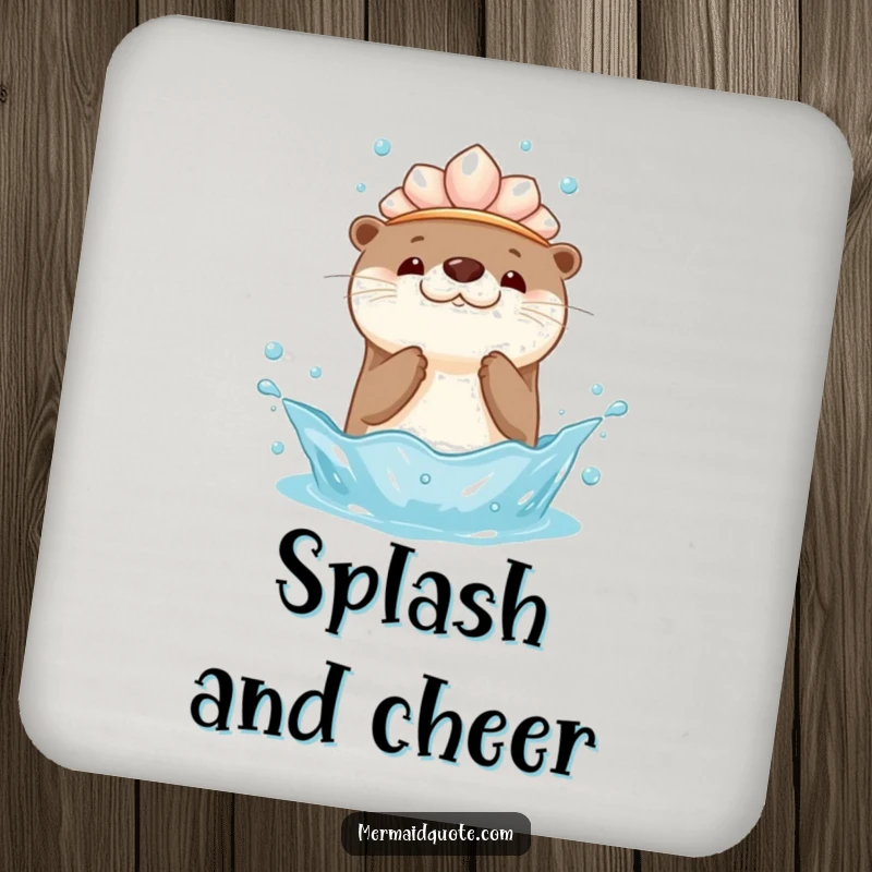 Funny drink coaster set featuring a kawaii otter with a seashell crown, playfully splashing water upwards, offering humorous and practical table protection.