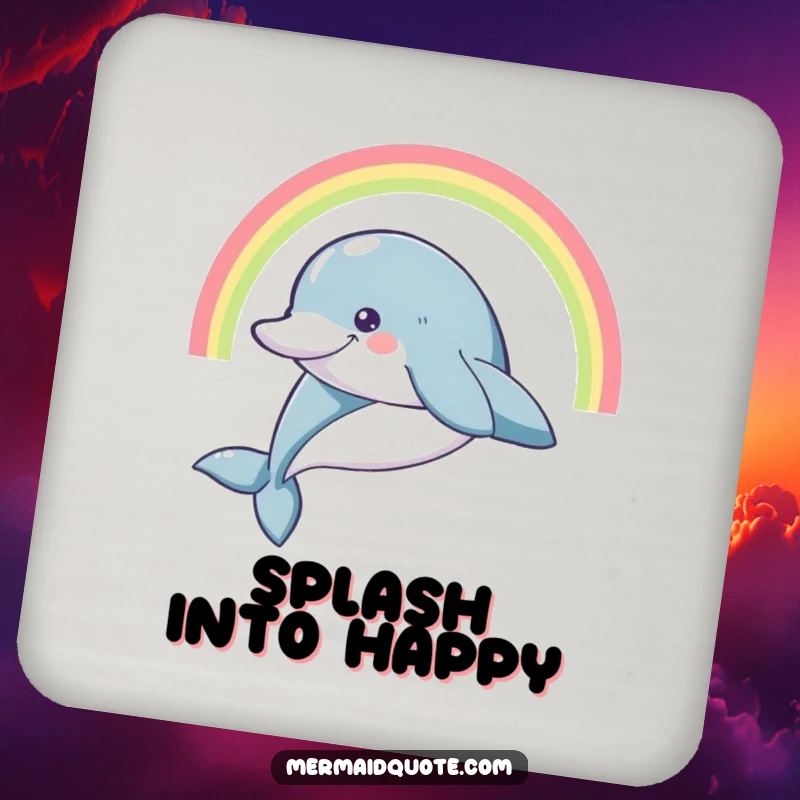 Funny smiling dolphin leaping high with a rainbow arc, as a decorative drink coaster.