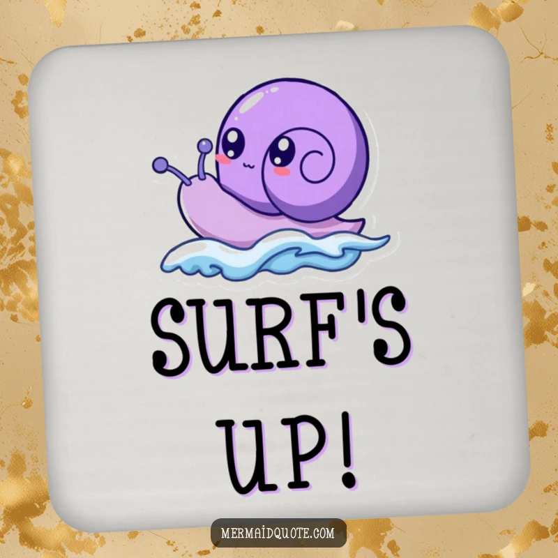 Funny purple sea snail creature with bubbly eyes, humorously riding a small wave, designed as a functional and funny drink coaster.