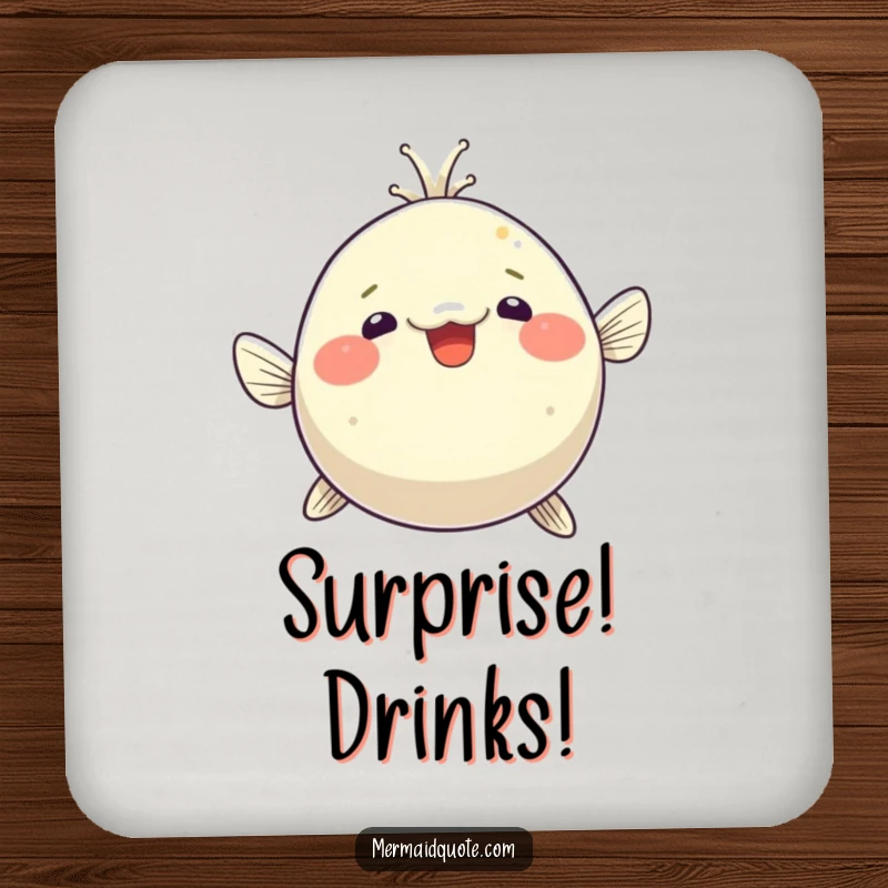 Funny pufferfish coasters, comically inflated with wide-eyed surprise, perfect for protecting surfaces with a dose of aquatic humor.