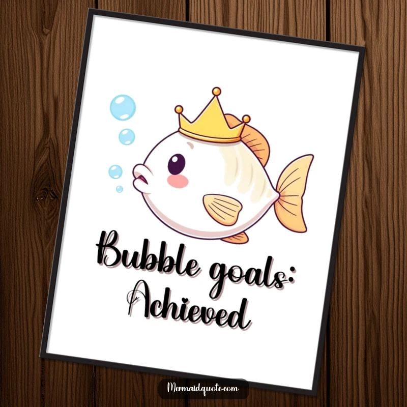 Funny kawaii fish with a petite crown, artistically blowing cheerful bubbles, presented as a vibrant poster for wall decoration.