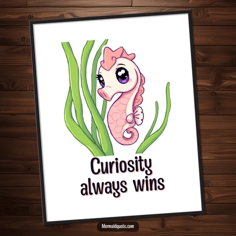 Funny Poster of a curious seahorse with wide, sparkling eyes, peeking from seaweed, embodying gentle humor and oceanic fascination.