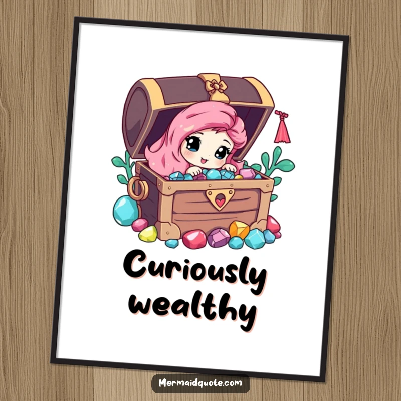 Funny poster of a curious mermaid peeking from behind a pirate chest overflowing with sparkling gems and ancient treasure.