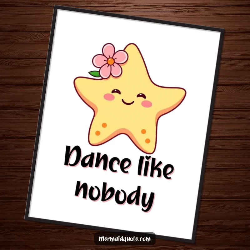 Funny poster art featuring a smiling starfish with a flower, gracefully dancing and radiating happiness, perfect for a beachy feel.