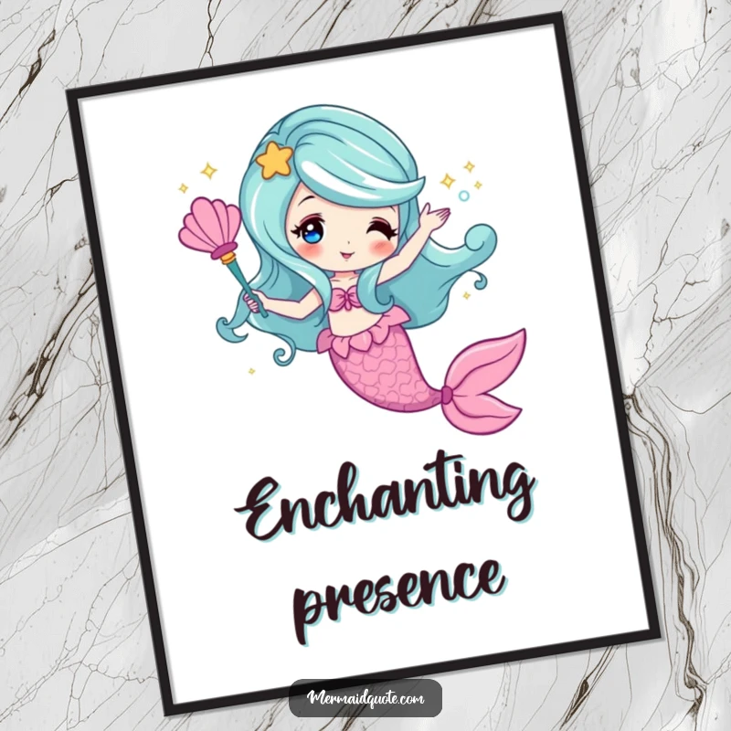 Funny poster of a mermaid creating sparkling magic with a seashell wand, enchanting wall decor.